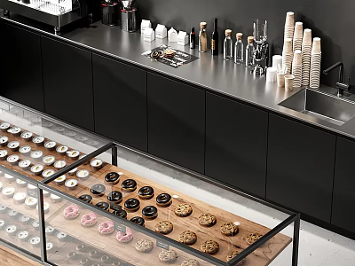 Dessert Shop Featuring Stainless Steel Countertop Black Cabinets Glass Display Case Filled With Donuts Cookies 3d model