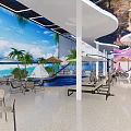Modern Indoor Swimming Pool With Blue Water Palm Trees And Ceiling Lights
