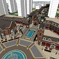 Charming Red Brick Commercial Street with Clock Tower Modern High Rise Coffee Shop Storefronts