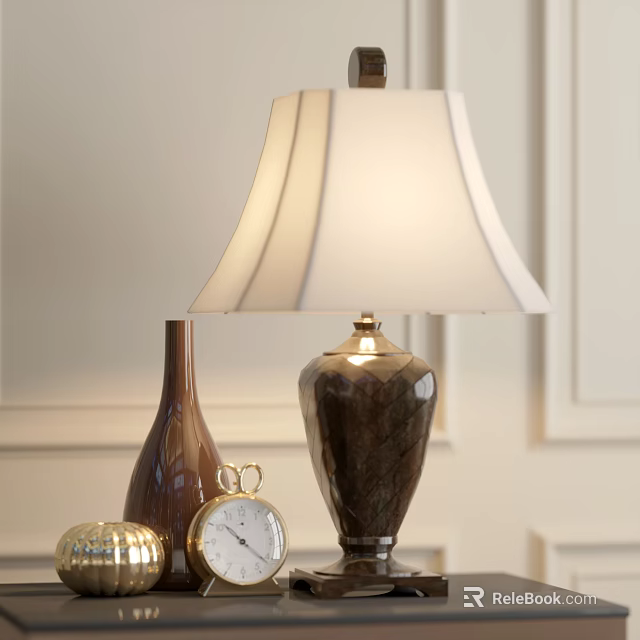 Elegant Table Lamp With Marble Base White Lampshade Brown Vase Gold Decor Pocket Watch 3d model 