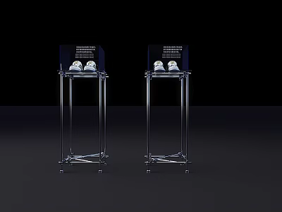Sculpture Carving Display With Metallic Frame Stand And White Artworks On Black Background 3d model