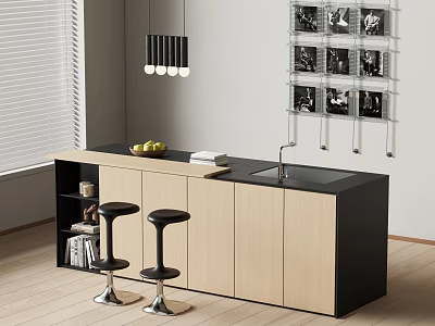 Modern Bar Counter With Black Countertop Wooden Cabinets Stools And Pendant Lights 3d model