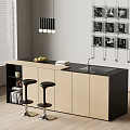 Modern Bar Counter With Black Countertop Wooden Cabinets Stools And Pendant Lights