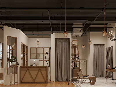 Modern Clothing Store Interior With Wooden Display Racks Hanging Lamps And Curtains 3d model