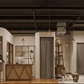 Modern Clothing Store Interior With Wooden Display Racks Hanging Lamps And Curtains