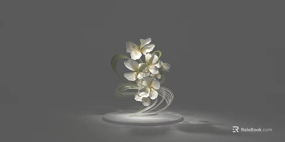 White Flower Sculpture With Green Leaves Curved Stems And White Base On Gray Background 3d model 