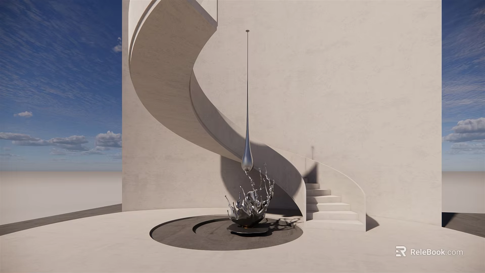 Modern Outdoor Sculpture Art With Spiral Staircase And White Building Design 3d model 