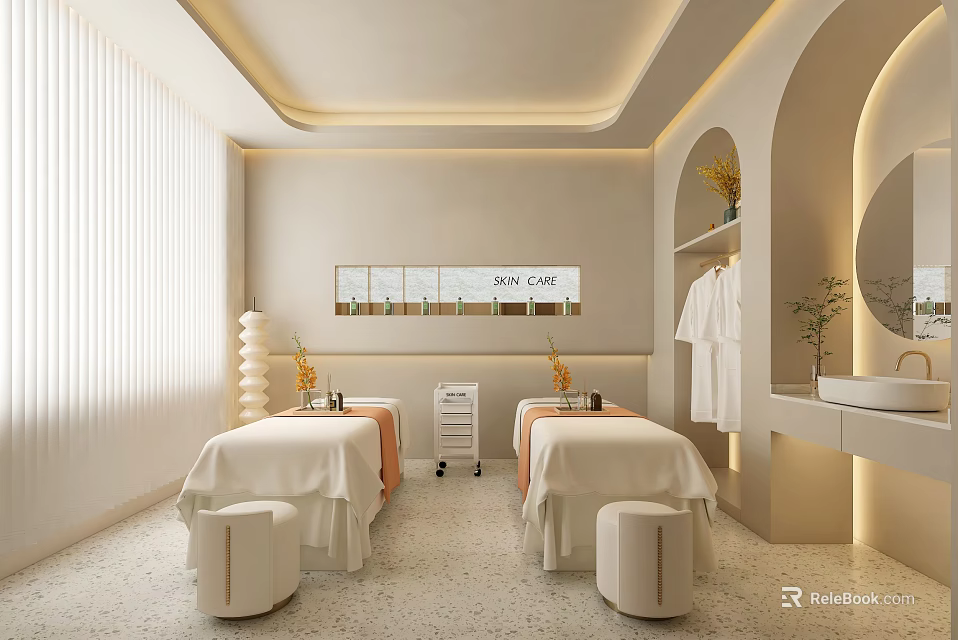 Modern Beauty Spa Treatment Room Interior With Comfortable Beds White Sheets And SPA Care Sign 3d model 