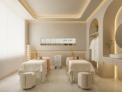 Modern Beauty Spa Treatment Room Interior With Comfortable Beds White Sheets And SPA Care Sign 3d model