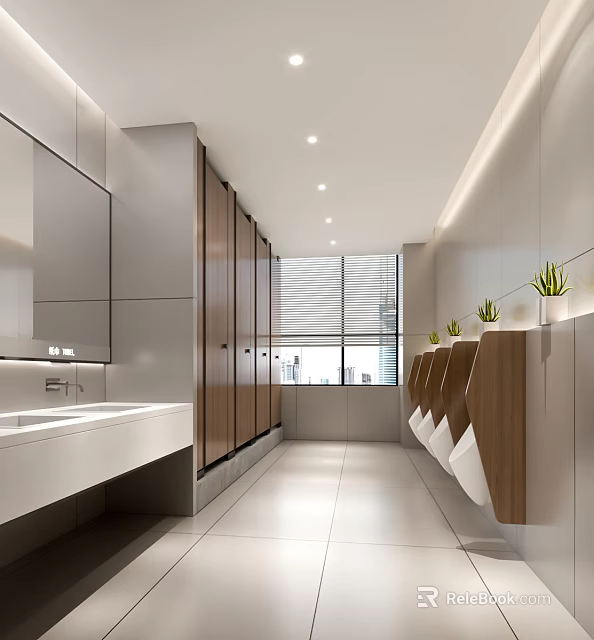 Modern Public Restroom With Stalls Sink Counter Urinals Blinds And Potted Plants 3d model 