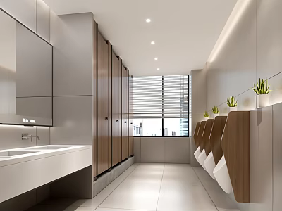 Modern Public Restroom With Stalls Sink Counter Urinals Blinds And Potted Plants 3d model