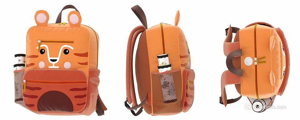 Orange Tiger Shaped Kids Backpack With Ears Stripes And Side Mesh Pocket 3d model 