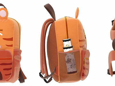 Orange Tiger Shaped Kids Backpack With Ears Stripes And Side Mesh Pocket 3d model