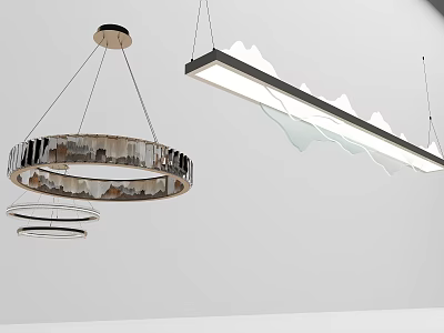 Modern Circular Chandelier With Reflective Metal Rings And Linear LED Strip Design 3d model