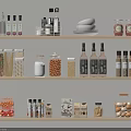 Organized Kitchen Shelves Displaying Various Spice Bottles Jars And Storage Containers 3d model