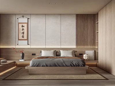 Japanese Style Bedroom Interior With Tatami Bed Wooden Elements And Calligraphy Scroll 3d model