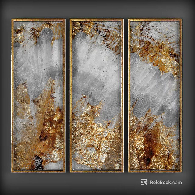 Vertical Gray And Gold Texture Wall Art With Golden Frames For Modern Decor 3d model 