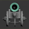 Ancient Green Cannon With Carved Decorations And Metal Wheels Displayed On Reflective Surface