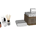 Essential Bathroom Accessories Including White Towels Wicker Basket Aromatherapy Bottle And Cotton Swab Jar