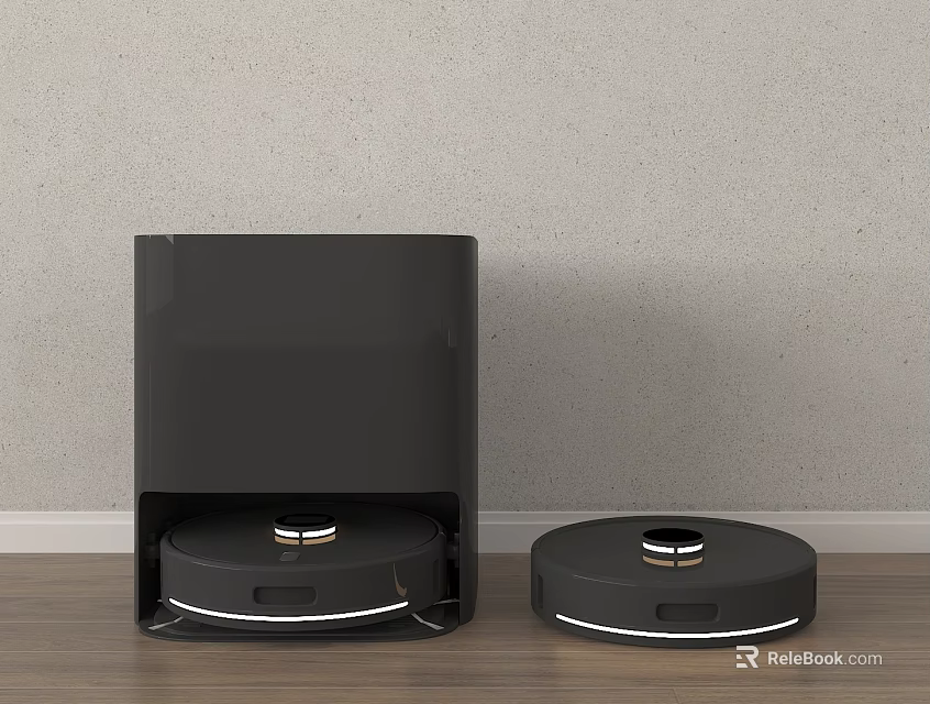 Black Smart Robot Vacuum With Charging Dock On Wooden Floor Wall Background 3d model 