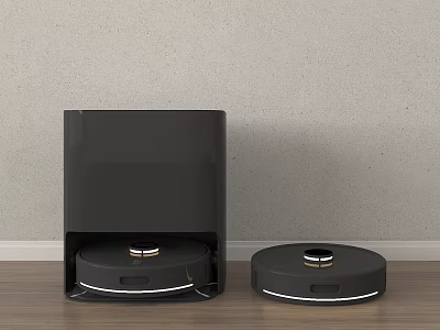 Black Smart Robot Vacuum With Charging Dock On Wooden Floor Wall Background 3d model