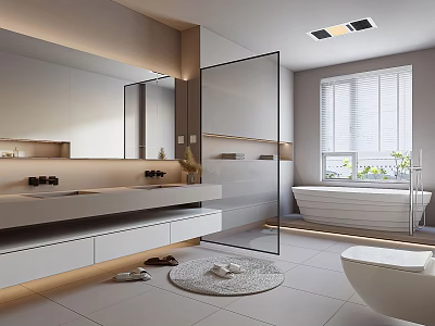 Modern Bathroom Interior With Large Mirror Double Vanity Glass Shower Bathtub And Window Blinds 3d model