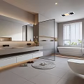 Modern Bathroom Interior With Large Mirror Double Vanity Glass Shower Bathtub And Window Blinds