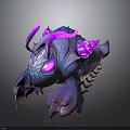 3D Render Fantasy Character And Mythical Creature With Purple Pink Horns Glowing Eyes Scaled Body