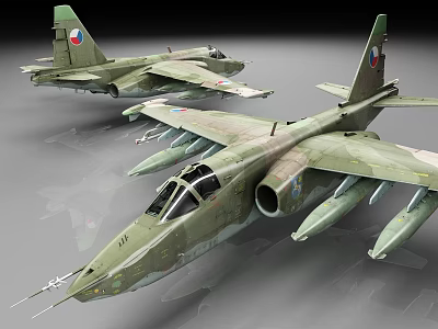 Two Green Camouflage Military Fighter Jets With Missiles And Tail Insignia 3d model