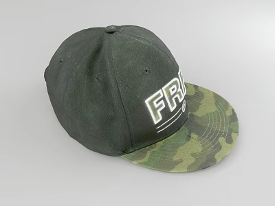 Stylish Dark Green Hat With Camouflage Brim And White FRO Lettering 3d model