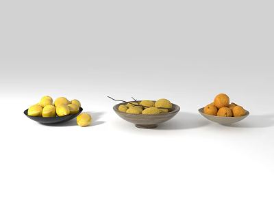 Ceramic Bowls of Various Colors Filled with Lemons Green Fruits and Oranges 3d model
