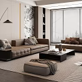 Modern Living Room Interior Design With Brown Sofa Armchair Coffee Table Wall Paneling And Blinds