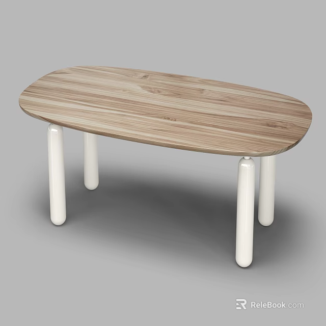 Simple Modern Dining Table With Oval Shaped Wooden Tabletop And White Cylindrical Legs 3d model 
