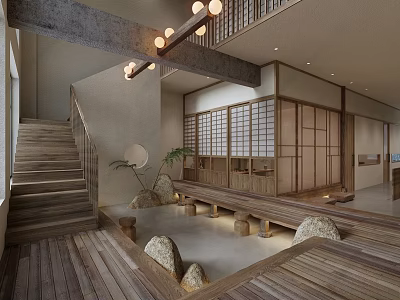 Traditional Japanese Tea House Interior With Wooden Stairs Pendant Lights Stone Stools And Lattice Doors 3d model