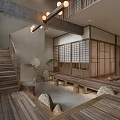 Traditional Japanese Tea House Interior With Wooden Stairs Pendant Lights Stone Stools And Lattice Doors