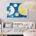 Cozy Kids Room Interior With White Crib Animal Storage And Moon Cat Painting