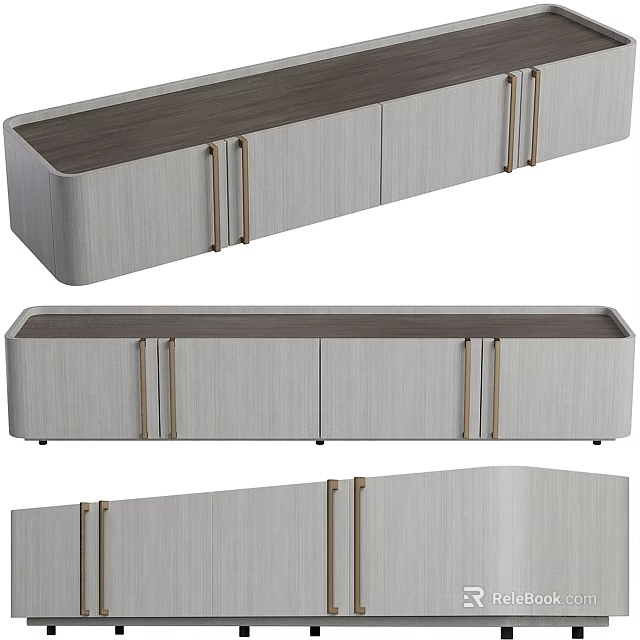 Modern TV Stand with Gray Wooden Finish Metal Handles and Storage Cabinets Design 3d model 