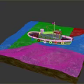 Red Boat Model With Flag Sailing On Wavy Blue Water 3d model