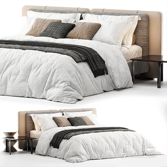 Modern Double Bed With White Quilt Black Throw Blanket Brown Gray Pillows Headboard And Nightstand 3d model 
