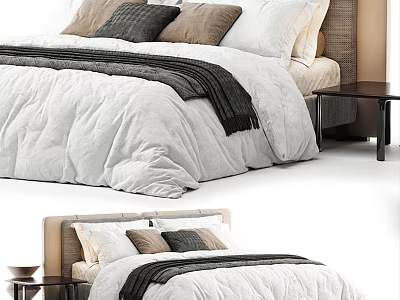 Modern Double Bed With White Quilt Black Throw Blanket Brown Gray Pillows Headboard And Nightstand 3d model