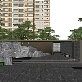 Garden Landscape Design With High Rise Residential Buildings Trees And Stone Pavement