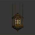 Antique Golden Lantern With Intricate Metal Frame And Hanging Chains