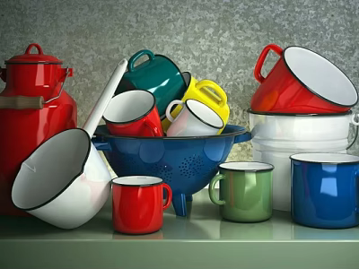 Colorful Enamel Tea Sets with Cups Pots and Strainers on Green Shelf 3d model