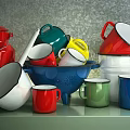 Colorful Enamel Tea Sets with Cups Pots and Strainers on Green Shelf