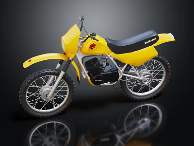 Yellow Suzuki Off Road Motorcycle With Black Seat And Shiny Wheels 3d model