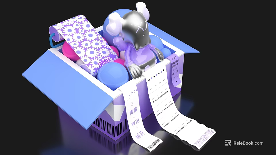 Vibrant Open Box Photo Check in Spot With Cartoon Figure Colorful Balls And Patterned Paper 3d model 