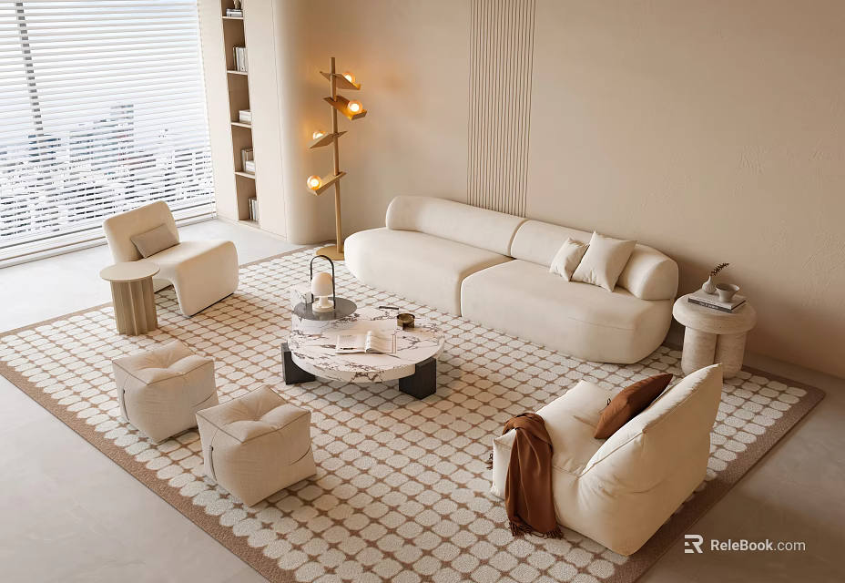 Modern Cream Sofa And Coffee Table Set With Accent Stools And Geometric Rug 3d model 