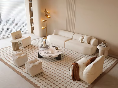 Modern Cream Sofa And Coffee Table Set With Accent Stools And Geometric Rug 3d model