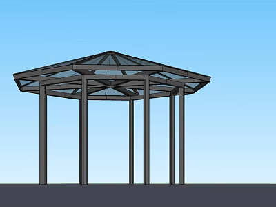 Modern Octagonal Pavilion With Glass Roof And Black Support Pillars 3d model