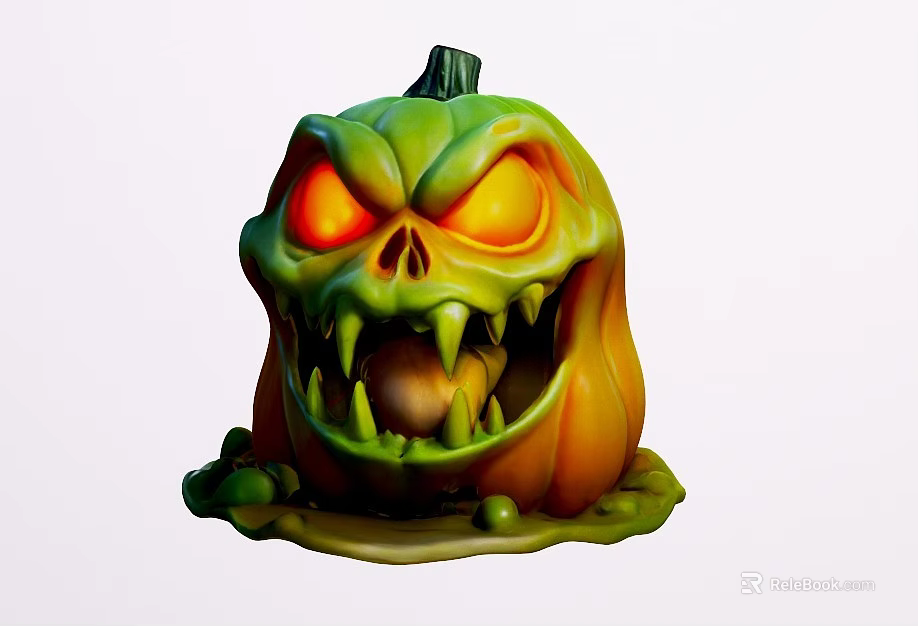 Scary Halloween Pumpkin Decoration With Glowing Red Eyes Sharp Fangs And Green Slime 3d model 